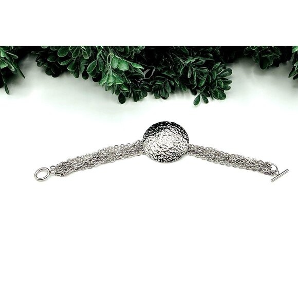 Silver Tone Multi-Strand Chain Bracelet With Hammered Circular Disc Pendant - Picture 3 of 6